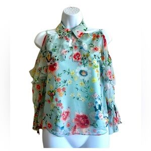 Alice + Olivia Cold Shoulder Silk Floral Print Blouse w/ Ruffle Details